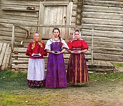 Russian peasant girls in a rural area along the Sheksna River near Kirillov, 1909