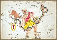 Ophiuchus holding the serpent, Serpens, as depicted in Urania's Mirror, a set of constellation cards published in London c. 1825. Above the tail of the serpent is the now-obsolete constellation Taurus Poniatovii while below it is Scutum.