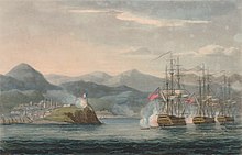 Painting showing three ships in a line sailing past and firing on a fort and town