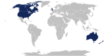 Map of UKUSA Community countries with Ireland