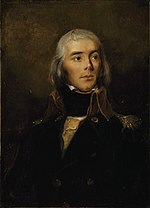Painting of a long-haired man wearing a dark blue French military uniform of the 1790s.