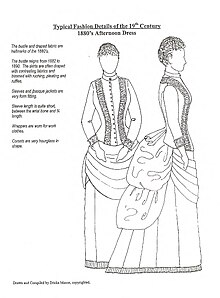 Image Text: Typical Fashion Details of the 19th Century 1880's Afternoon Dress The bustle and draped fabric are hallmarks of the 1880s. The bustle reigns from 1882 to 1890. The skirts are often draped with contrasting fabrics and trimmed with ruching, pleating, and ruffles. Sleeves and jbasque jackets are very form fitting. Sleeve length is quite short, between the wrist bone and 3/4 length. Wrappers are worn for work clothes. Corsets are very hourglass in shape. Drawn and Compiled by Ericka Mason, copyrighted.