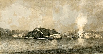 A Royal Navy steamship destroying a Chinese junk with a Congreve rocket. Lightly armoured Chinese warships were decimated by heavy guns and explosive weaponry.