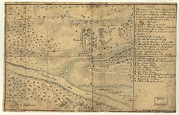 A stained and discolored manuscript sketch. The two man roads of Trenton run parallel north–south, with the bridge over Assunpink Creek just to the south. Further south and west the wide Delaware River is shown. The American force indicators are shown moving along two roads that approach Trenton from the northwest; some forces move across the bridge to the southeast side of the creek, while others envelop the Hessian forces attempting to form up to the east of the town.