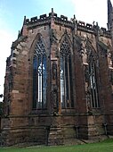 Early buttresses, topped by pinnacles, at Lichfield Cathedral (1195–1340)