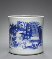 Transitional porcelain brush pot with episode from the story of Sima Guang