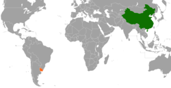 Map indicating locations of China and Uruguay