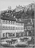 Der Kornmarkt mit Pferdekutschen und Marienstatue, 1881