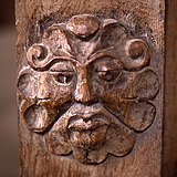 This wood carving of a "foliate head" type is on the Renaissance screen at Dore Abbey.
