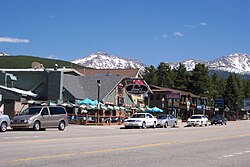 Part of downtown Winter Park with the Continental Divide in the background