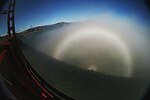 A fog bow, solar glory and Brocken spectre at the Golden Gate Bridge in San Francisco