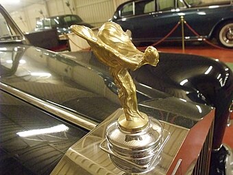 Art Deco Rolls Royce radiator figurine, similar to Art Nouveau ethereal figures of women in graceful wavy garments, designed by Charles Robinson Sykes (1920s), in the Antique and Classic Car Museum, Torre Loizaga, Galdames, Spain