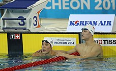 Photograph of Sun at the left and Korea's Park Tae Hwan on the right resting at the end of a swimming pool