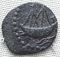 Indian ship on lead coin of Vasisthiputra Sri Pulamavi, testimony to the naval, seafaring and trading capabilities of the Satavahanas during the 1st–2nd century CE.