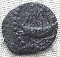 Ancient Indian ship on lead coin of Vasisthiputra Sri Pulamavi, testimony to the naval, seafaring and trading capabilities of the Sātavāhana Empire, during the 1st–2nd century CE.