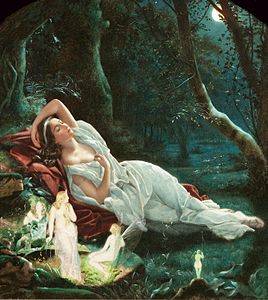Titania Sleeping in the Moonlight Protected by Her Fairies by John Simmons, inspired by Shakespeare's A Midsummer Night's Dream.