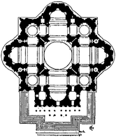 Michelangelo's design for St Peter's is both massive and contained, with the corners between the apsidal arms of the Greek Cross filled by square projections.
