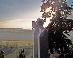 Memorial with portraits at the tomb of Max Klinger and Gertrud Klinger by Johannes Hartmann, Großjena, Germany
