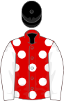 Red, white spots and sleeves, black cap