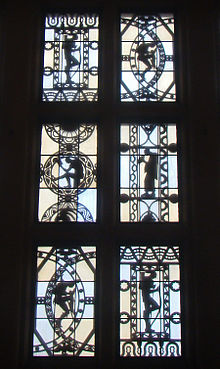 Metal silhouettes, designed by Rene Chambellan, on the banking hall's windows