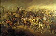 Painting shows white-uniformed soldiers advancing in a chaotic scene.