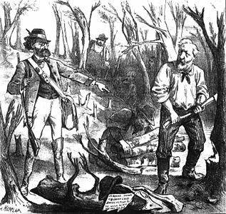 U.S. Secretary of the Interior Carl Schurz accosts Congressman James G. Blaine chopping down a tree in the forest, c. 1878