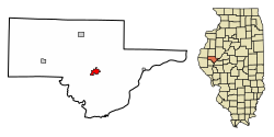 Location of Rushville in Schuyler County, Illinois.