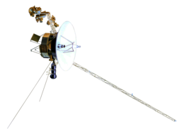 Artist's rendering of the Voyager spacecraft, a small-bodied spacecraft with a large, central dish and multiple arms and antennas extending from the dish