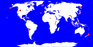 Map showing that locations of geysers tend to cluster in specific areas of the world.