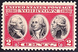 150th anniversary of the Siege of Yorktown stamp featuring Rochambeau, Washington, and de Grasse, issued in 1931