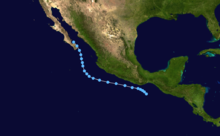 A track map of a tropical depression near the western coast of Mexico. The path begins west-northwestward, then curves to the north-northwest about midway through the system's life