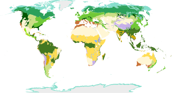 WWF classification, differentiating 14 terrestrial biomes (two for France).