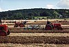 Brown field being ploughed by multiple red tractors. In the background it a hill with trees.