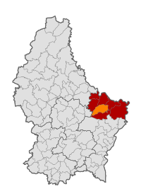 Map of Luxembourg with Consdorf highlighted in orange, and the canton in dark red