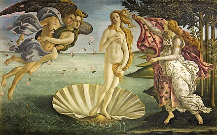 Large rectangular panel. At the centre, the Goddess Venus, with her thick golden hair curving around her is standing afloat in a large seashell. To the left, two Wind Gods blow her towards the shore where on the right Flora, the spirit of Spring, is about to drape her in a pink robe decorated with flowers. The figures are elongated and serene. The colours are delicate. Gold has been used to highlight the details.