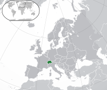 Location of Modern history of Switzerland (green) in Europe (green and dark grey)