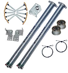 Torsion springs, drums, cables, end bearing plates, center bearing plate and rolloers (wheels) all hardware needed for a functional garage door.