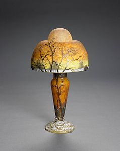 Daum lamp with trees and fallen snow (c. 1900)