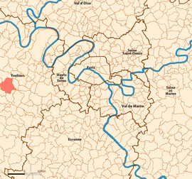 Location (in red) within Paris inner and outer suburbs