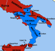 a map of southern peninsular Italy showing the maximum extent of Carthaginian control