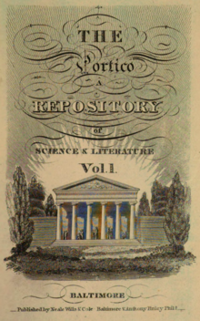 Black ink on yellowed white paper depicting the magazine's title, volume number, and publication information above and below a Greek temple-style building flanked by trees with a sun shining behind it and a grassy lawn in front of it