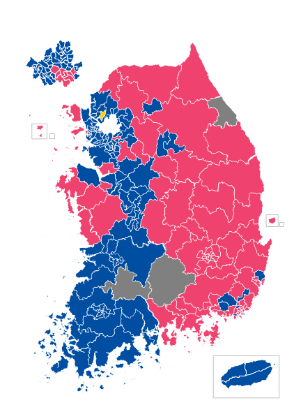 Gewonnene Wahlkreise: ﻿Deobureo-minju-Partei (163) ﻿Mirae-tonghap-Partei (84) ﻿Jeongui-Partei (1) ﻿Unabhängige (5)