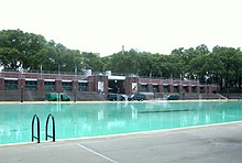 The main pool with the bathhouse in the background