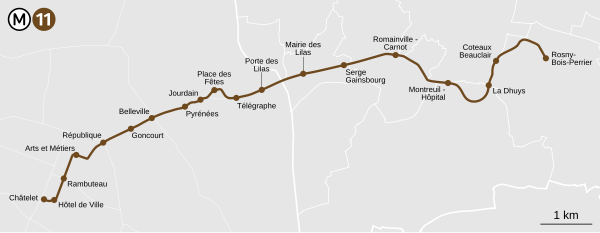 Geographically accurate route of Métro Line 11.
