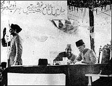 Jinnah chairing a session in Muslim League general session, where the Lahore Resolution was passed.[4]