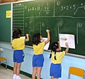 School girls writing on the blackboard
