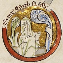 Circular-spaced miniature of St. Edith, pictured in the centre with her hands raised and flanked by plant-like objects