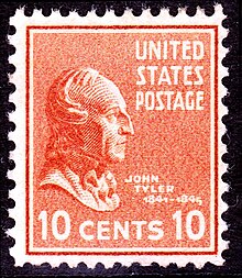 Historical ten-cent stamp with Tyler's profile.