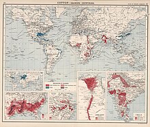 World map of cotton cultivation and export routes in 1907