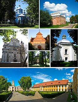 (left to right, top to bottom) 1) Orthodox Holy Trinity Church. 2) ruin. 3) Catholic Collegiate Church of the Holy Trinity. 4a) Catholic church of SS Peter and Paul. 4b) Ruins of Catholic cemetery chapel. 5) Orthodox Church of the Presentation of the Lord. 6) Olyka Castle.